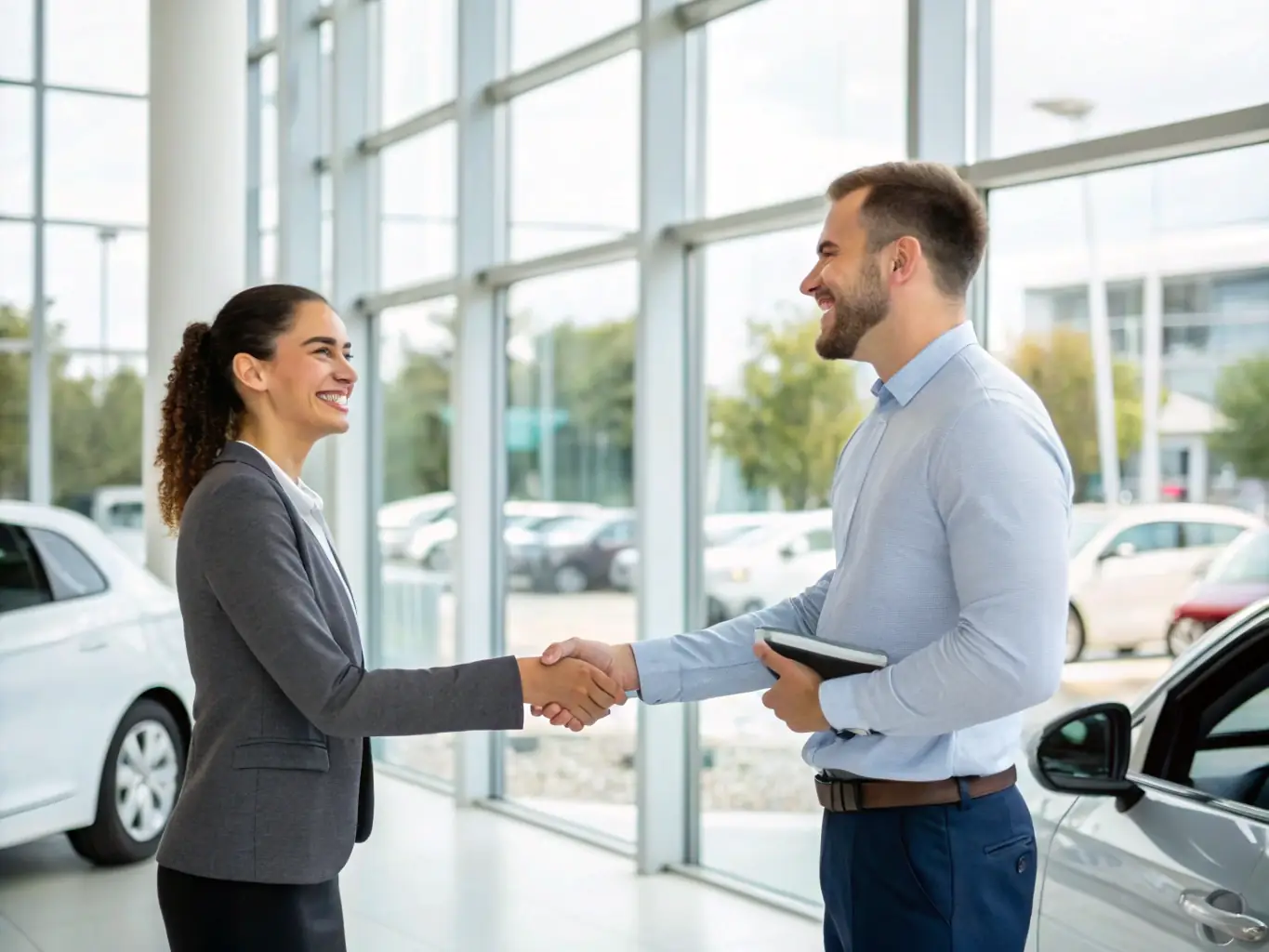 A professional photo of a handshake between a car dealer and a client in a modern showroom, symbolizing trust and successful vehicle trading, used to illustrate the company's trading and intermediation service.