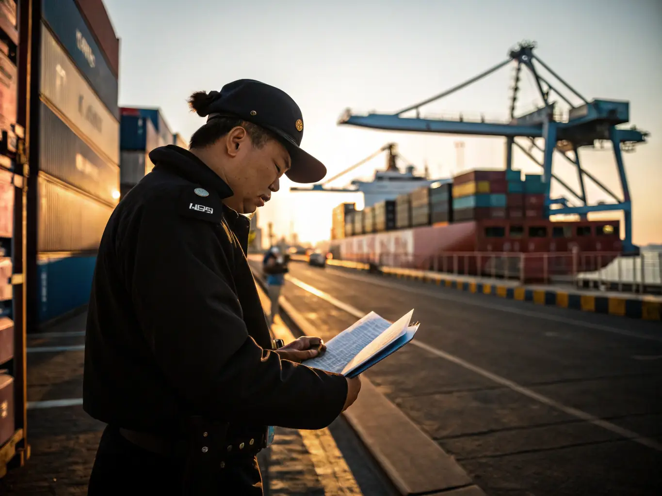 A dynamic image of a cargo ship loaded with vehicles at a port, with customs officers inspecting documents, representing international vehicle import and export operations for the company’s global clients.