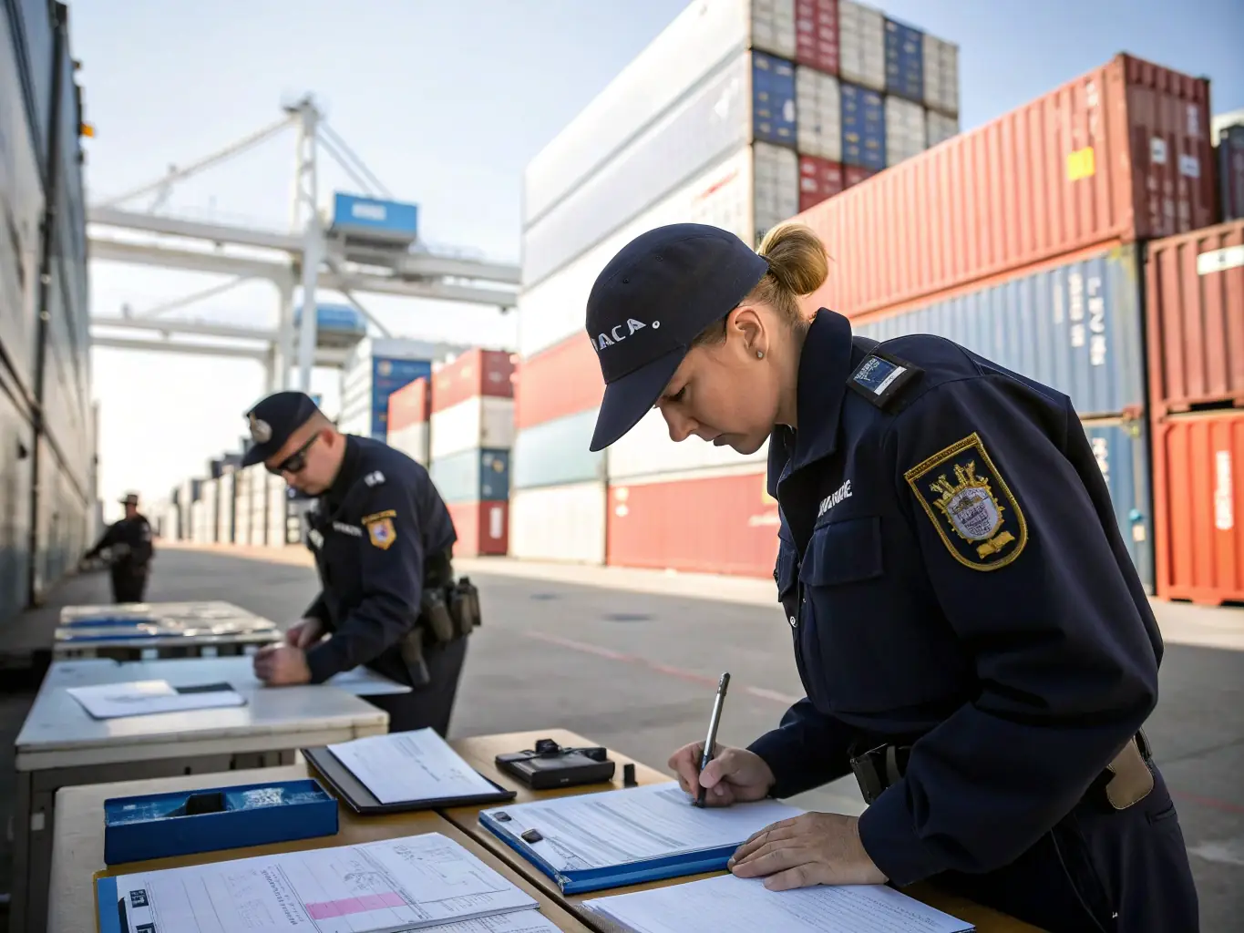 A cargo ship docked at a busy port, loaded with cars and trucks, with customs officers overseeing the operation, illustrating international vehicle import and export expertise.