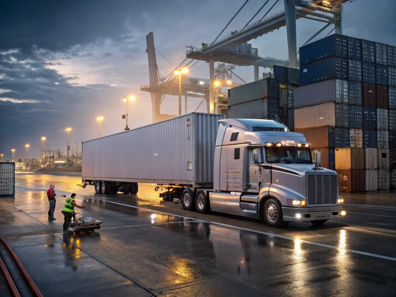 A fleet of commercial vehicles parked in an organized lot, with a manager using a tablet to review fleet data, illustrating the company’s commercial vehicle management services for business clients.