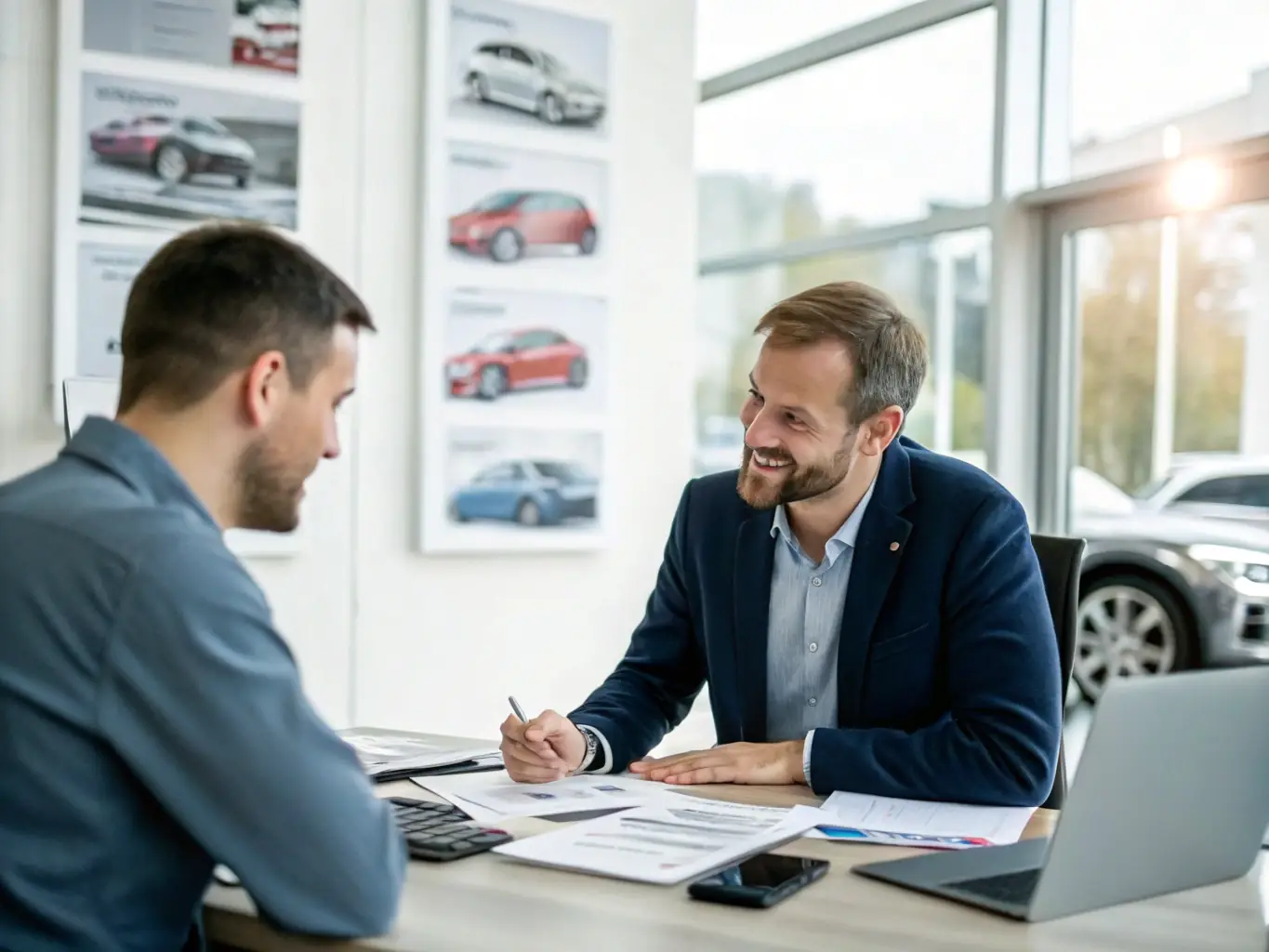 A professional broker facilitating a vehicle handover between two clients in a modern office, with a variety of cars visible in the background, representing secure and transparent vehicle trading.