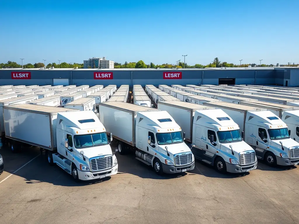 A team of professionals managing a fleet of commercial trucks and vans in a parking lot, using digital tablets and checklists, symbolizing optimized commercial vehicle management.